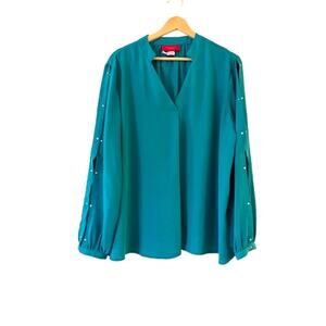 Jennifer Lopez Split Sleeve Blouse Top Size XL Teal Collared V-Neck Chiffon